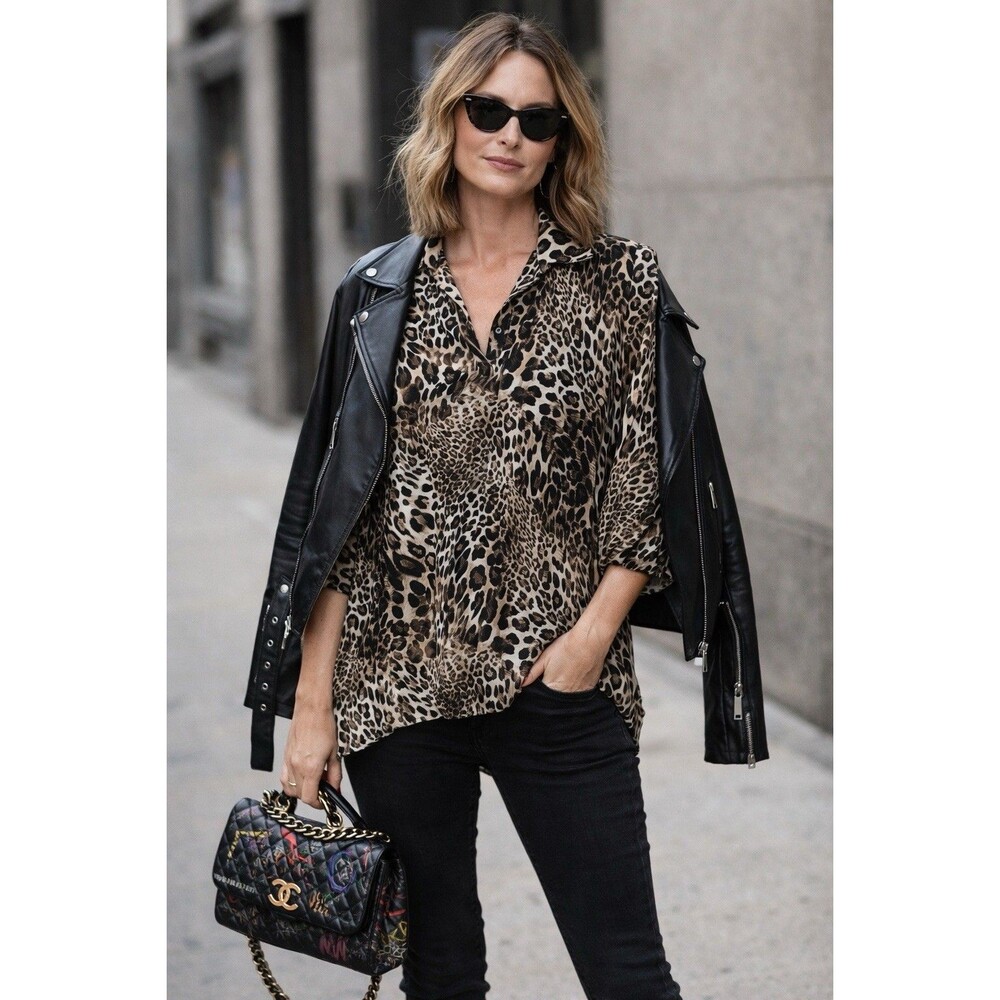 My Beloved Leopard Animal Print Blouse Medium Brown 3/4‎ Sleeve Tunic Edgy Chic